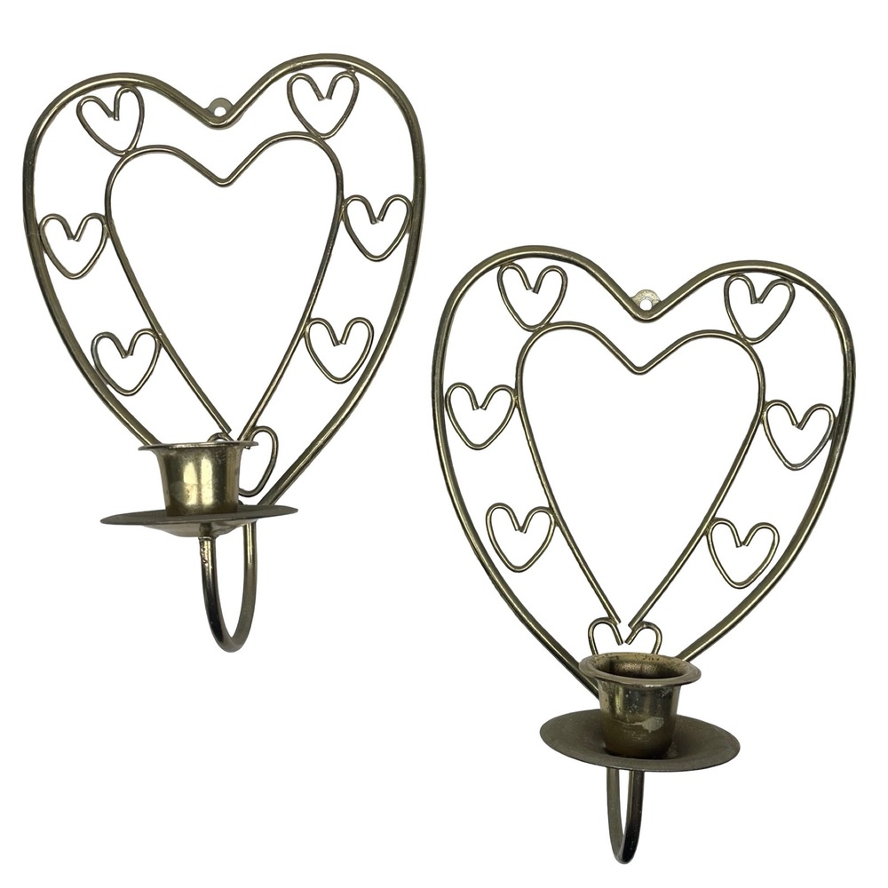 Vintage Heart Wall Sconce Candle Holder Set Gold Brass Metal Wire Cottagecore